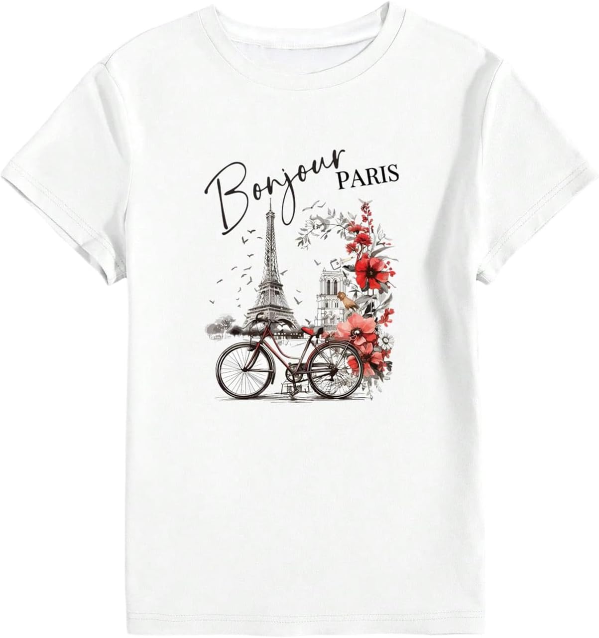 SweatyRocks Women's Paris Eiffel Tower Print T Shirt Round Neck Short Sleeve Graphic Tee Tops