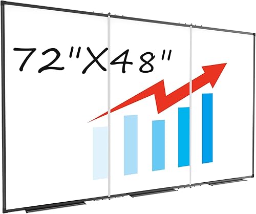 Pizarra blanca grande para pared, pizarra magnética de borrado en seco, plegable de 72 x 48 pulgadas, marco de aluminio negro, con 3 bandejas de