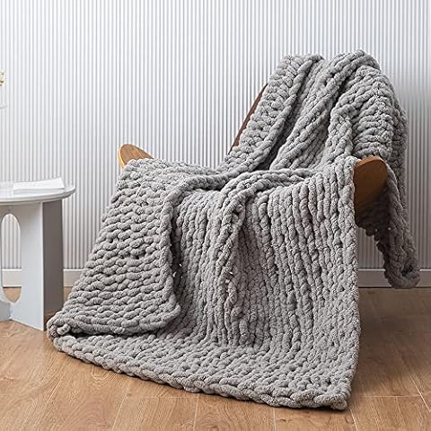 NIDITW Chunky Knit Blanket Soft Chenille Yarn Knitted Blankets Handmade Cable Knit Throw Blanket Crochet Blanket Warm Coral Grey Bed Blanket for Farmhouse Sofa 50x60 Inches (Coral Grey) Cover