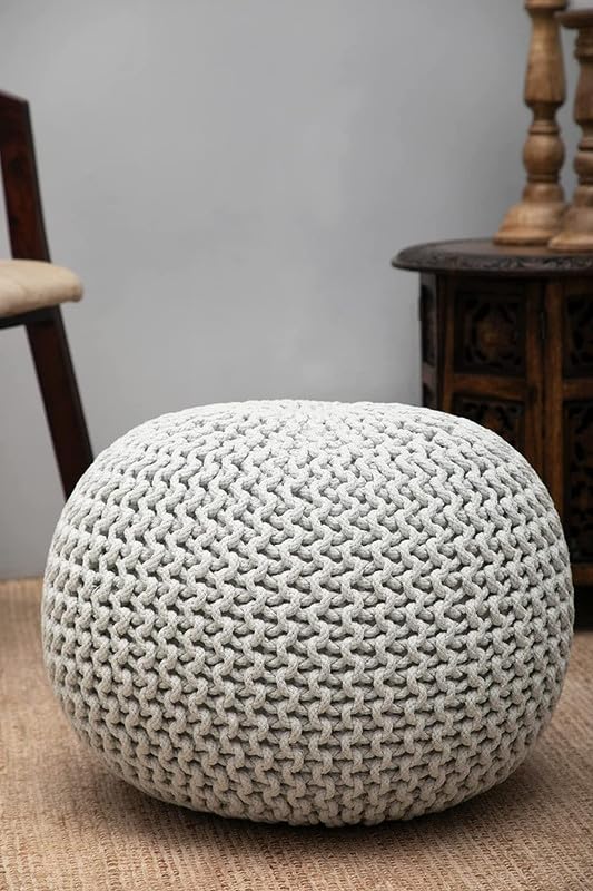 Image of Designs Hand Knitted Cotton Rope Beans Filled Round Oval Pouf Pouffe - Multi Colour - Pack of 01 - Designed for Living Room Sitting, Foot Rest