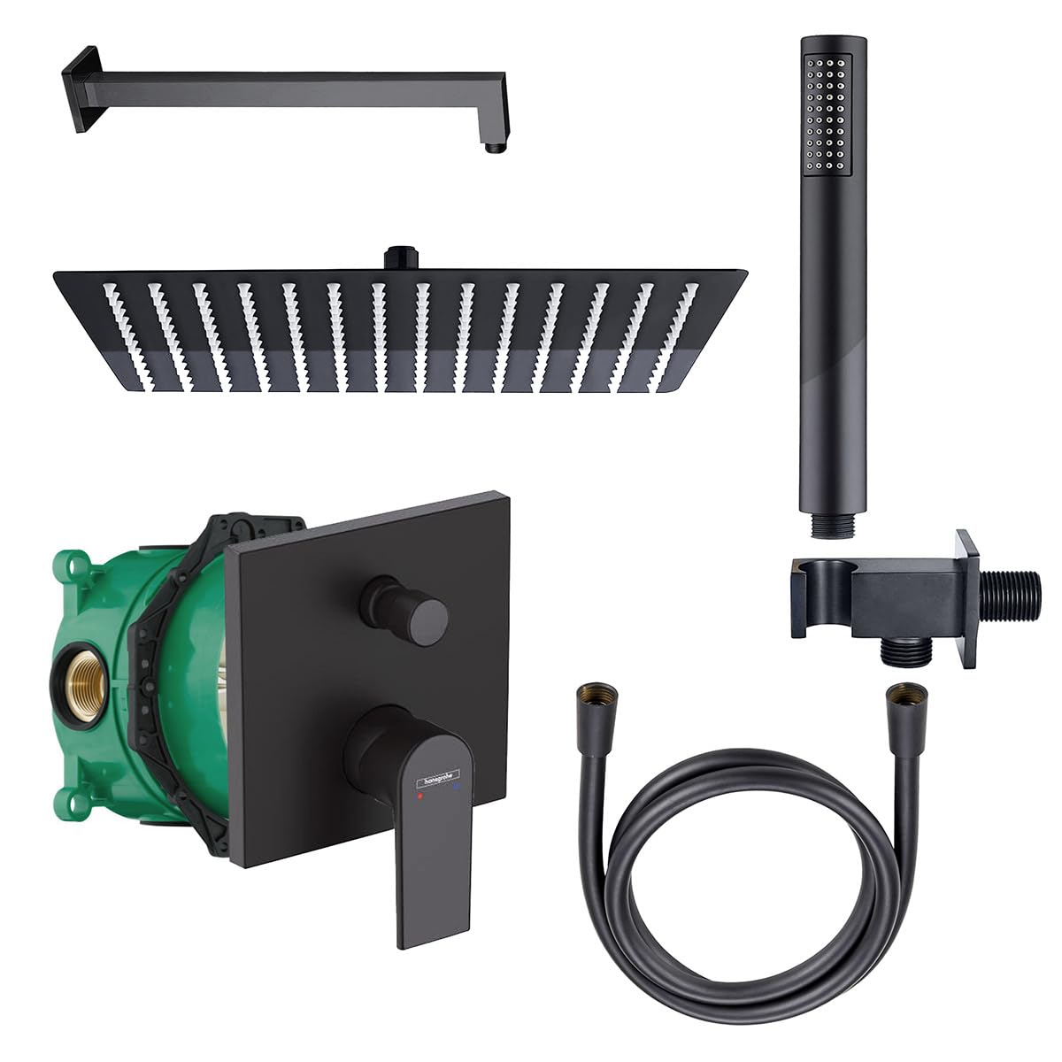 Belvit® Duschset Schwarz mit Hansgrohe iBox Unterputz | Wannenmischer, 30x30 Regendusche, Handbrause, Brausearm, Schlauch & Wandanschluss, Komplettset modern & kalkfrei