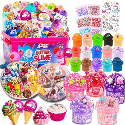 Jumbo Butter Slime Kit for Girls Ages 8-12 -49 Pcs-20 Colorful Slimes Including 15 Butter Slime & 5 Crystal Slimes, Charms Kit & More Accessories - Non Toxic, Non Sticky Slime for Kids - Sensory Toys