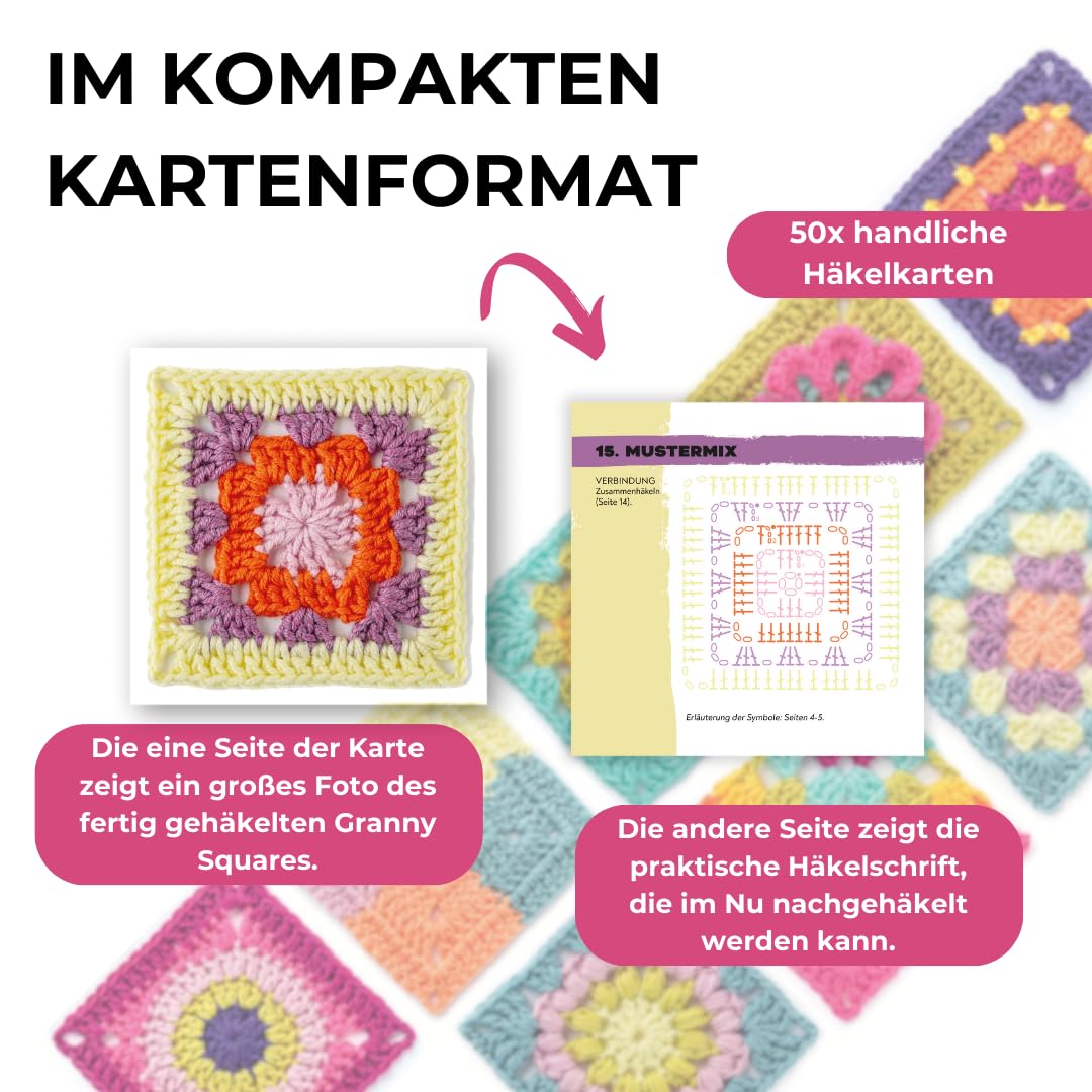 Granny Square Häkel-Karten (Deutsche Ausgabe): 50x häkeln, mixen und matchen. Mit Häkelschrift und Foto zu jedem Granny Square und praktischem So-geht's-Booklet