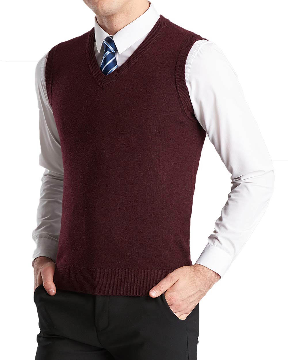 Homme Gilet en Laine Unie Col V Wool Pull sans Manche Automne Col V Gilet Classique Gentleman Tricots Cardigans Débardeurs