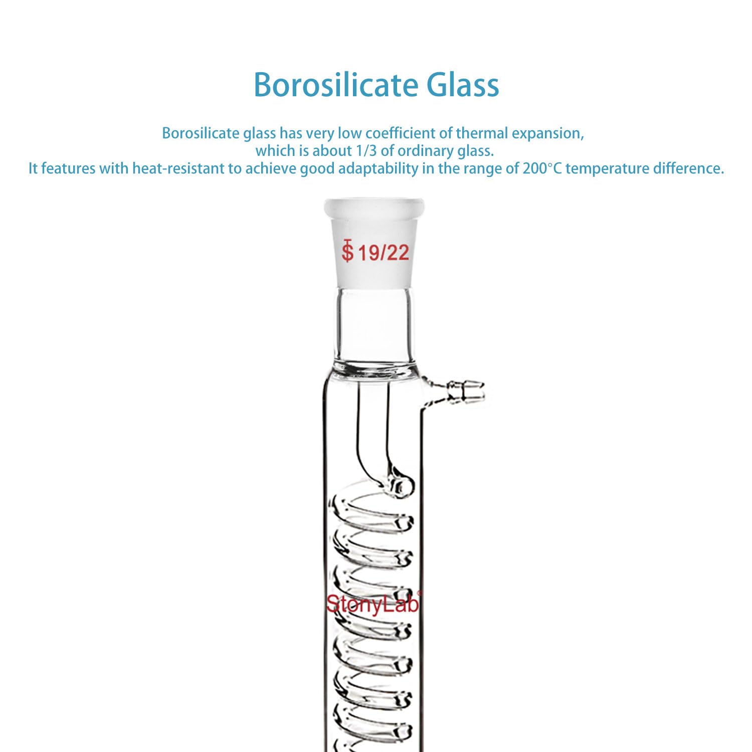 stonylab Condenseur de Graham en Verre Borosilicaté avec Joint 19/22, Longueur de Chemise de 300 mm, Condenseur en Verre de Laboratoire