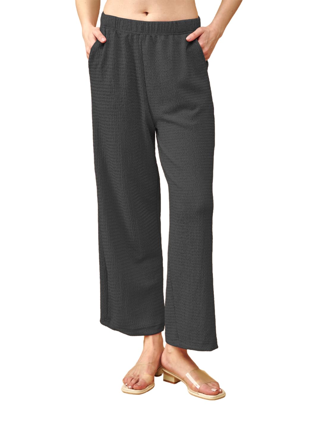 lyra Women’s Wrinkled Fabric Wide Leg Pants with Pockets | Elastic Waist Slip-On Casual Lounge Trousers-picture-56