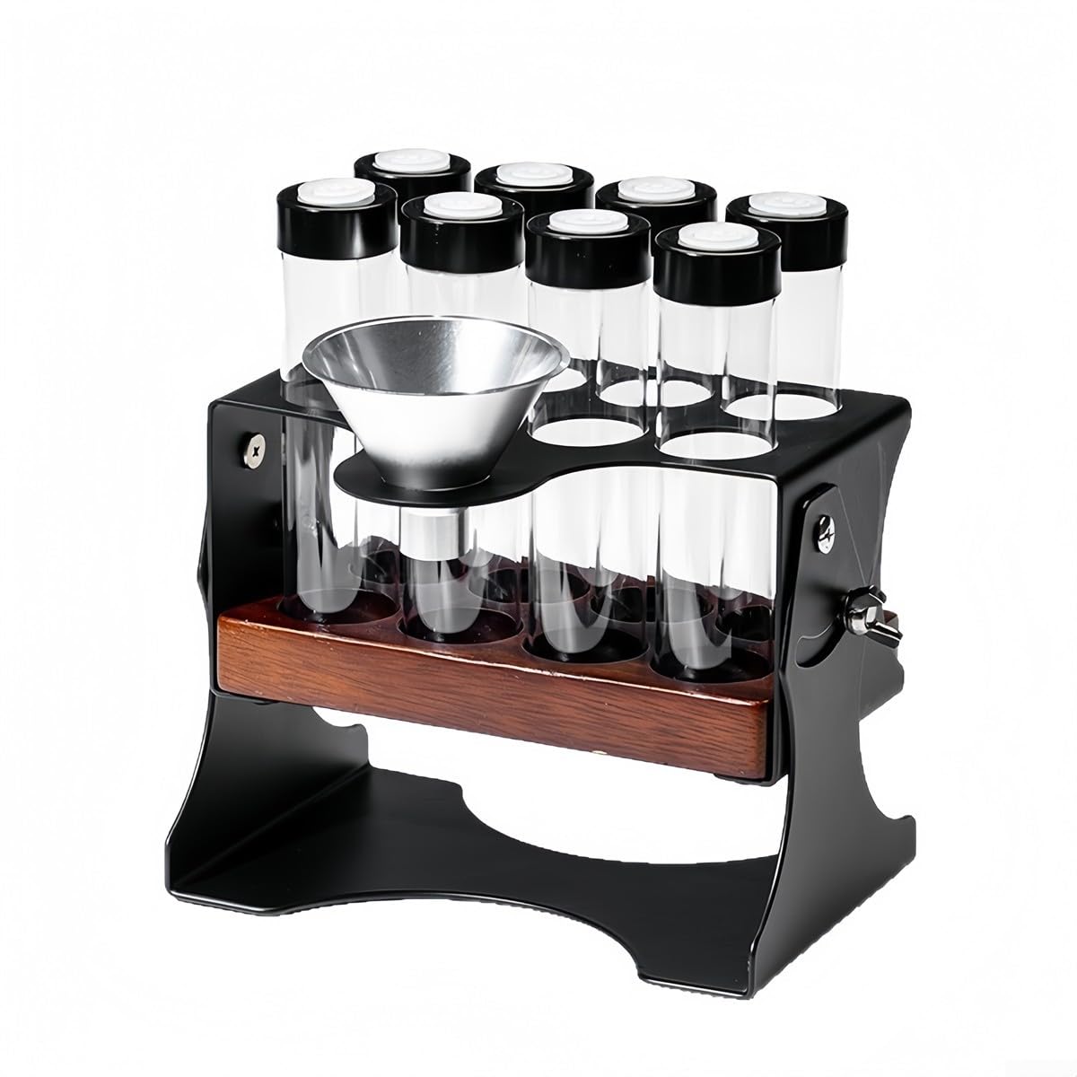 Vorratsglas für Kaffeebohnen, mit 8 versiegelten Dosierfläschchen, Luftdichter Behälter für Espressobar, Massivholzsockel, 19 x 10,8 x 12,7 cm