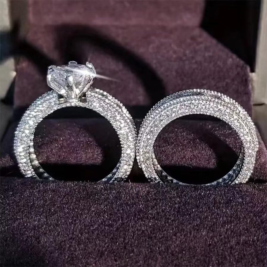 2 PCS 925 Sterling Silver Wedding Band Set 925 Sterling Silver Cushion Cut Promise Ring for Women Sterling Silver Multi-Stone Wedding Engagement Rings Moissanite Bridal Set Size 7