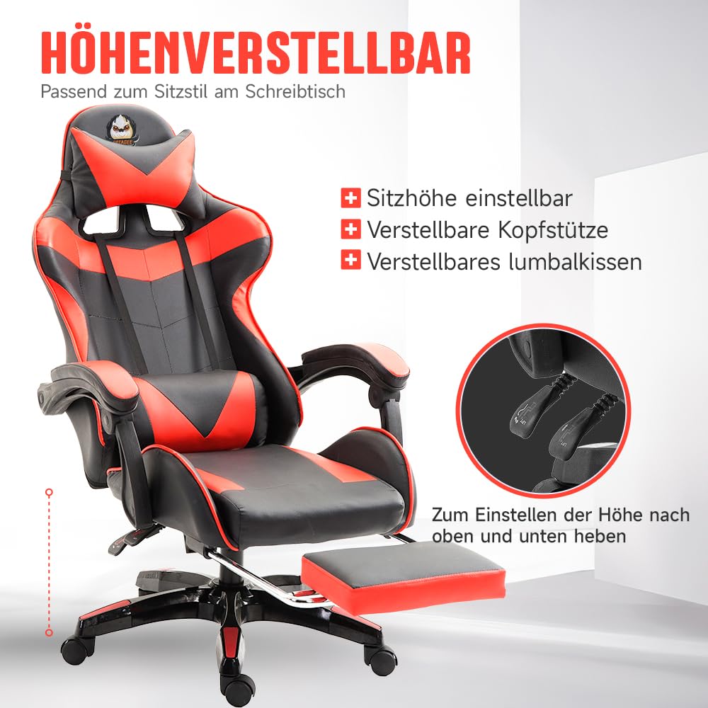Chaise de Gaming Ergonomique - Hauteur réglable - Chaise de Bureau réglable (Rouge)