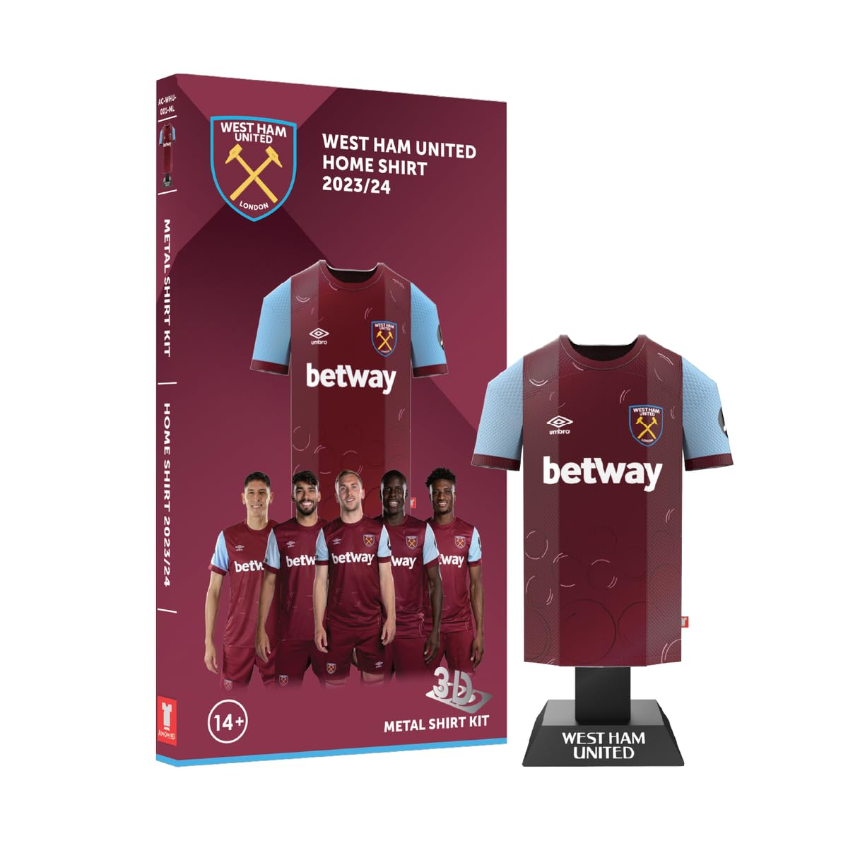 West Ham United FC Home Away Retro Third Metal Football Shirt - Officially Licensed Miniature Alloy Replica Jersey Collectible Display Gift - Personalise Name & Number Decals (23/24 Home)