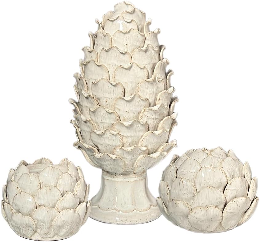 White Ceramic Artichoke Decorative Set, 3-Piece, Statue Ornament, Candle Holder, Vase for Home Decor