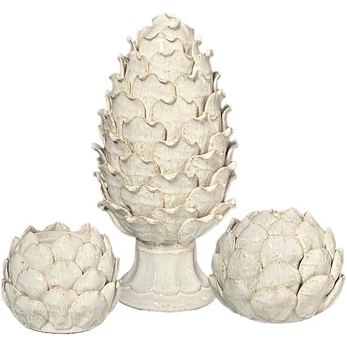 White Ceramic Artichoke Decorative Set, 3-Piece, Statue Ornament, Candle Holder, Vase for Home Decor