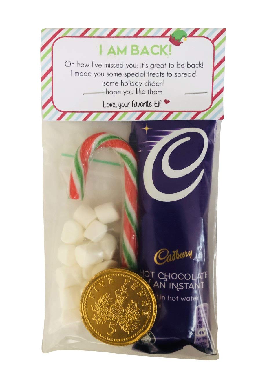 I'm Back ! Elf Mail Christmas Hot Chocolate Marshmallows Coin & Candy Cane Xmas Eve Box Hot Choc Gift Elves Stocking Filler