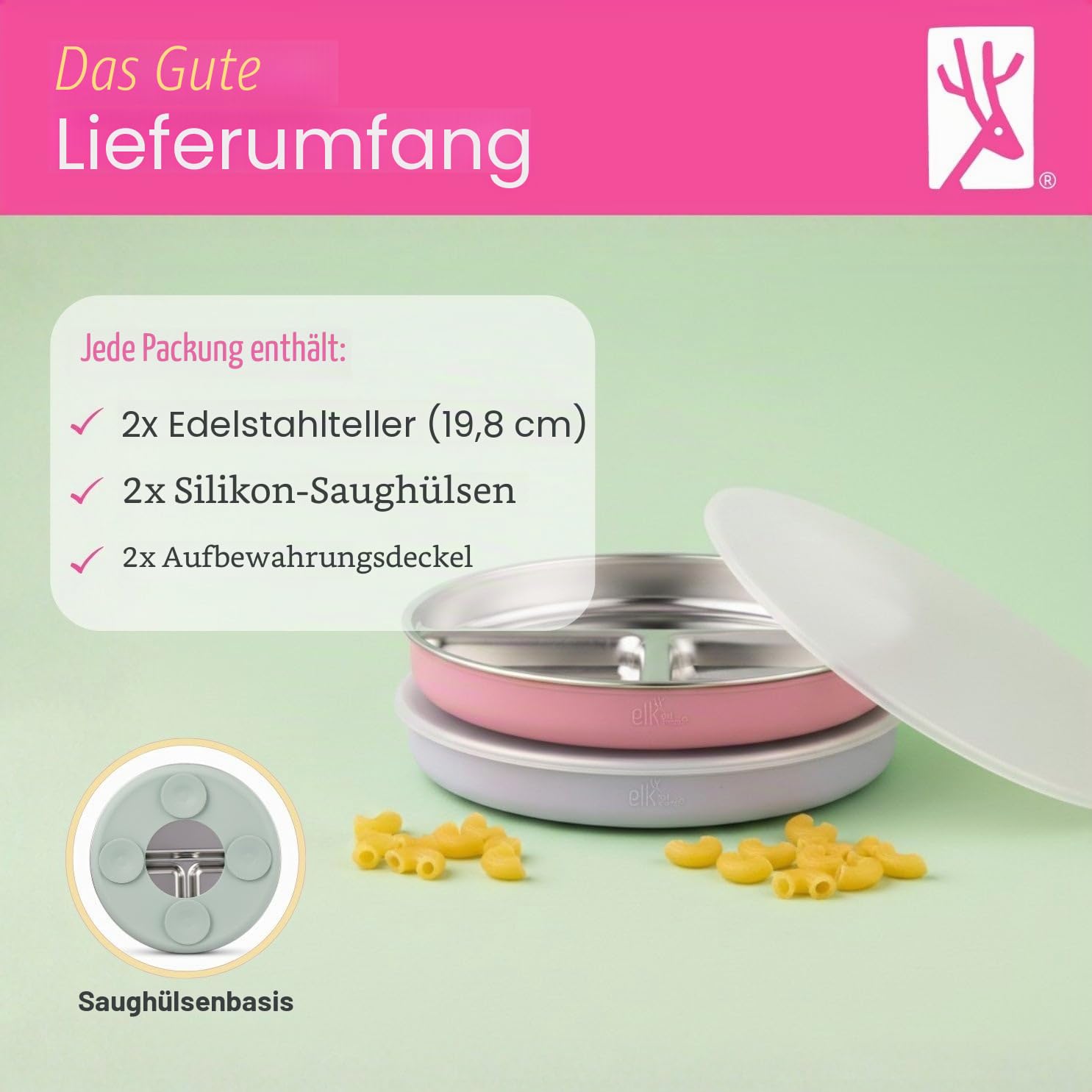 Elk and Friends Kinder Edelstahl Unterteilungsteller mit Silikon-Saugnapf-Hüllen | Deckel inklusive | Für Babys & Kleinkinder | Spülmaschinenfest | Rutschfestes Geschirr | Snackteller | 2er Set