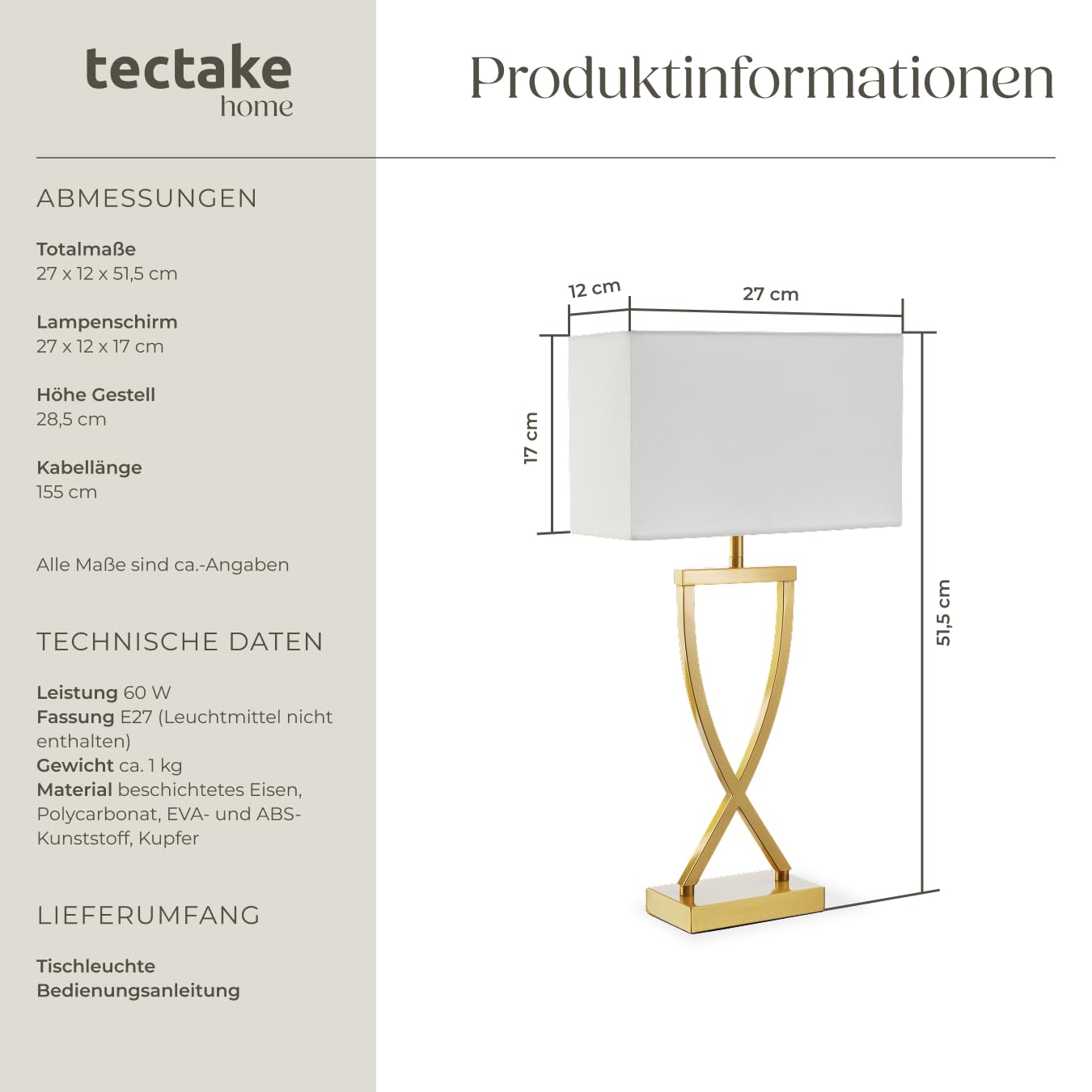tectake® Nachttischlampe mit Stoffschirm, Schreibtischlampe, E27 Fassung, Deko Tischlampe mit Kippschalter und Kabel, Nachtlicht Lampe, für Schlafzimmer Wohnzimmer, 27 x 12 x 51,5 cm - messingfarben