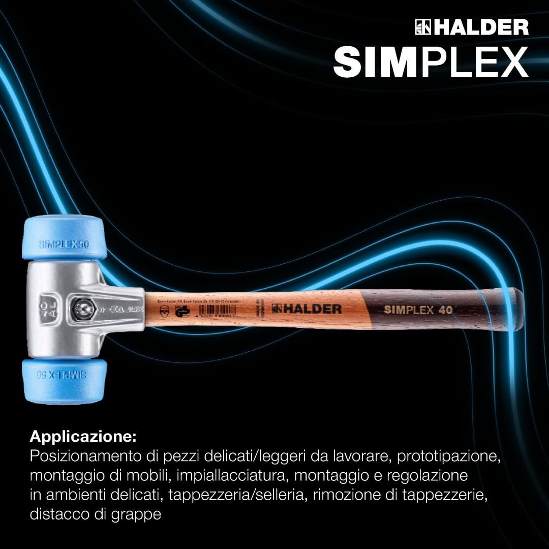 Simplex 3101.051 - Martello dolce, 50:40, TPE-soft, con alloggiamento in alluminio e manico in legno di alta qualità, diametro = 50 mm