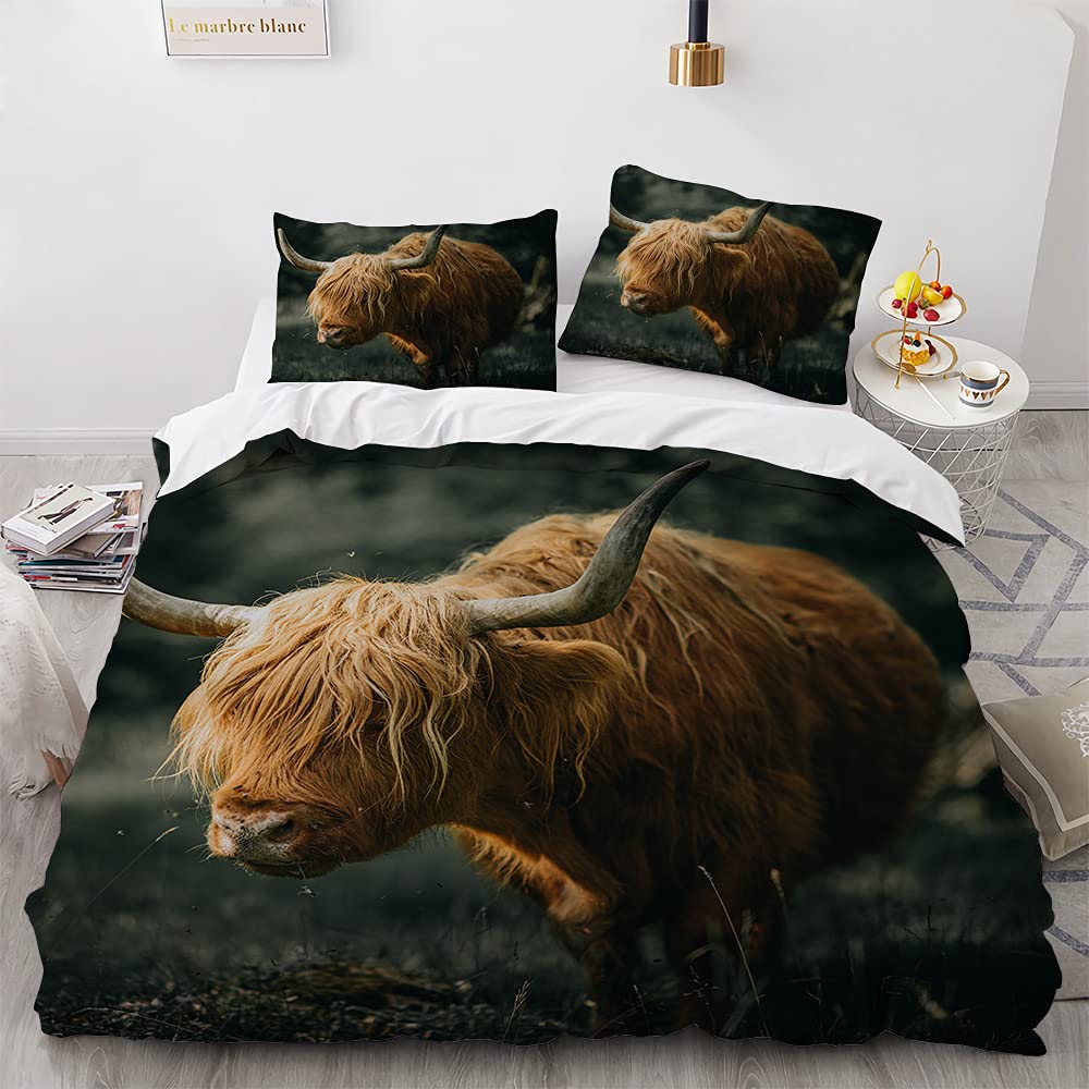 Parure de lit vache des highlands housse de couette multicolore et ses 2 taies d'oreiller