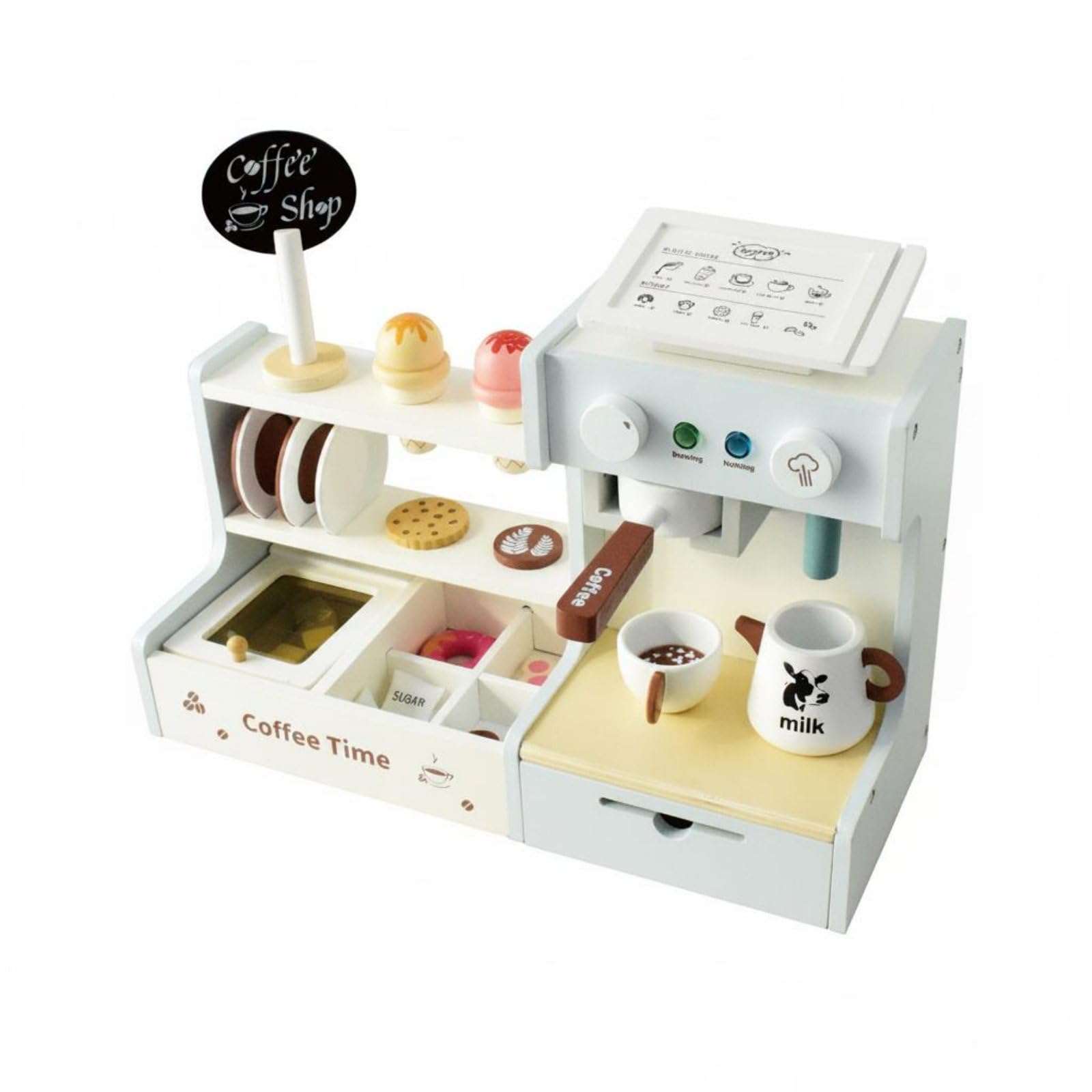 Kinder Café Spielzeug mit Zubehör fördert die Kreativität Holzspielzeug Kaffeeladen realistisches Design Kaufladen für Kinderzimmer
