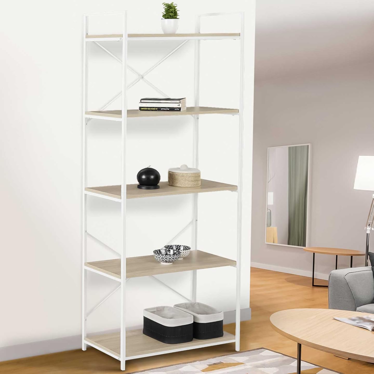 IDMarket - DETROIT Estantería de 5 niveles 170 cm diseño industrial madera y metal blanco