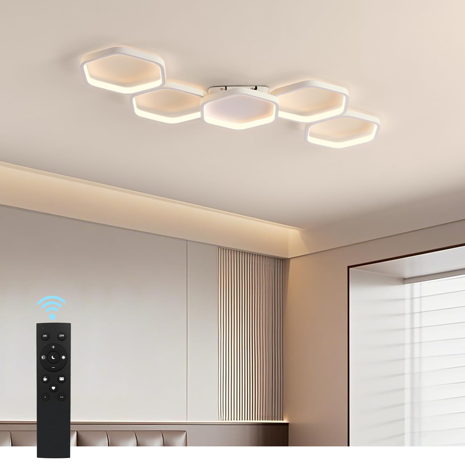 Yuanfenghua LED Deckenleuchte, Deckenlampe Dimmbar mit Fernbedienung Farbwechsel, Wohnzimmerlampe Schlafzimmer moderne Deckenbeleuchtung Kronleuchter Lampe, 90cm, Weiß