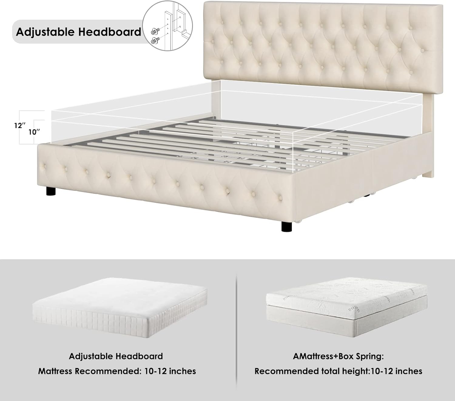 Diagram illustrating the adjustable headboard feature of the Keyluv bed frame, showing recommended mattress heights of 10-12 inches.