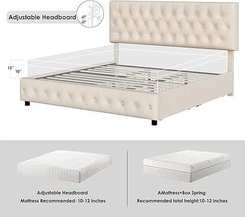 Miniatura 6 de Keyluv Marco de cama tapizado moderno con 4 cajones diseño de cabecera capitoné con botones soporte de listones de madera maciza fácil montaje