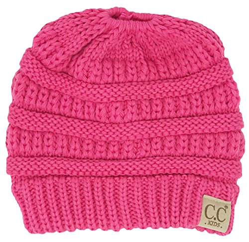 Funky Junque Kids Messy Bun Ponytail Winter Hat Girls Beanie Tail - Candy Pink #TOP1
