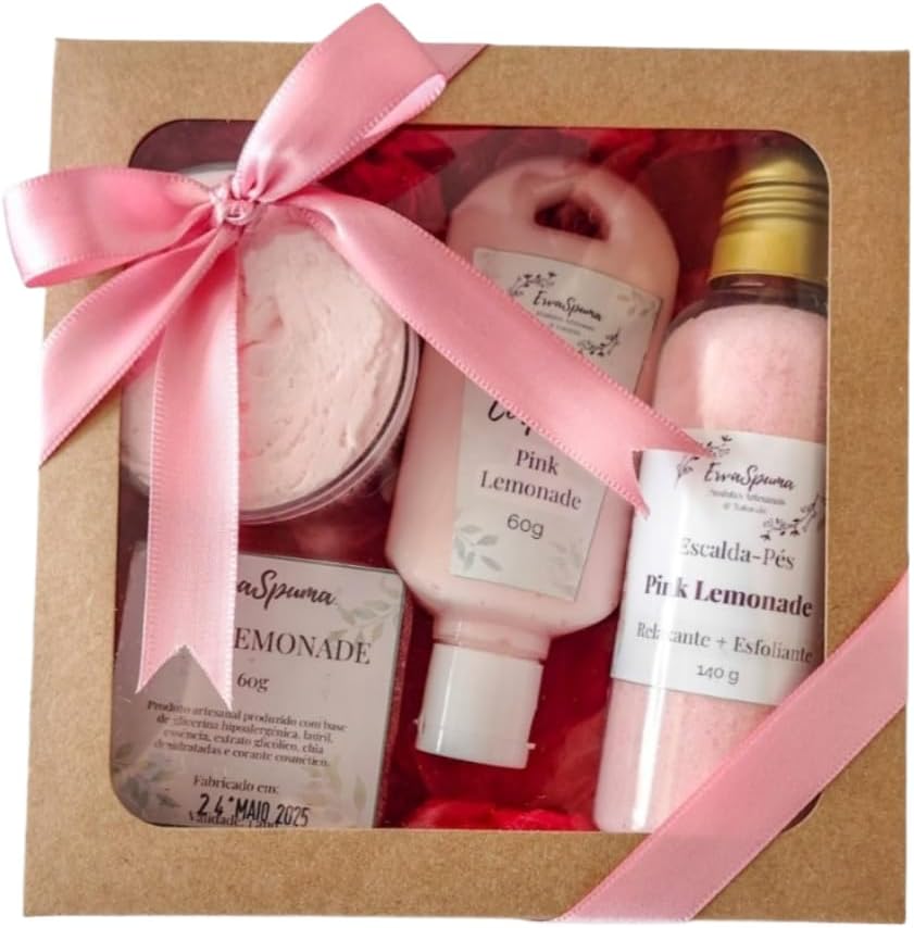 Kit para Presente Pink Lemonade, Hidratante Corporal e Esfoliante, Embalagem Artesanal com Laço Rosa
