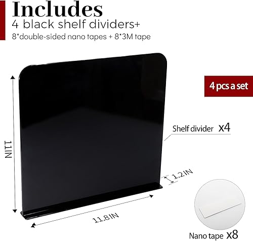 Miniatura 4 de ROUFA 4 separadores de estantes acrílicos, organizador de armario ajustable para cualquier grosor de estantes, separadores de estantes de madera