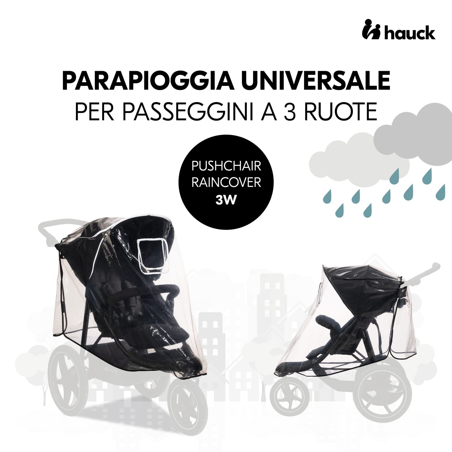 hauck Parapioggia Passeggino 3 Ruote Universale - 58 x 48 x 90 cm Compatibile con Modelli Runner - Antipioggia Catarifrangente con Finestrina e Fori di Ventilazione - Facile da Fissare - Trasparente