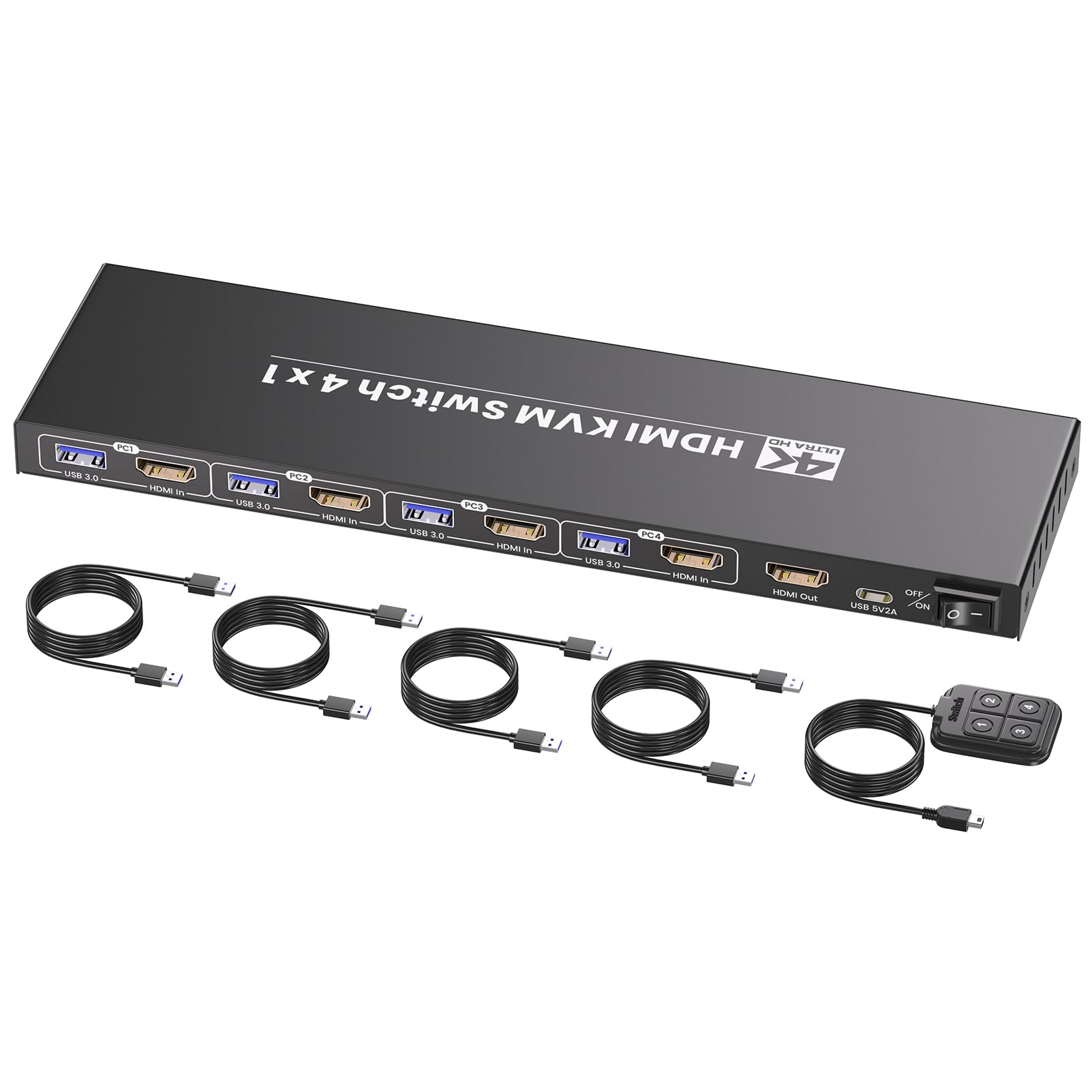 Przełącznik HDMI KVM 1 monitor 4 komputery, USB 3.0 4K / 60 Hz 4-portowy przełącznik HDMI KVM 4 PC do udostępniania 1 monitora, klawiatury, myszy i innych urządzeń USB