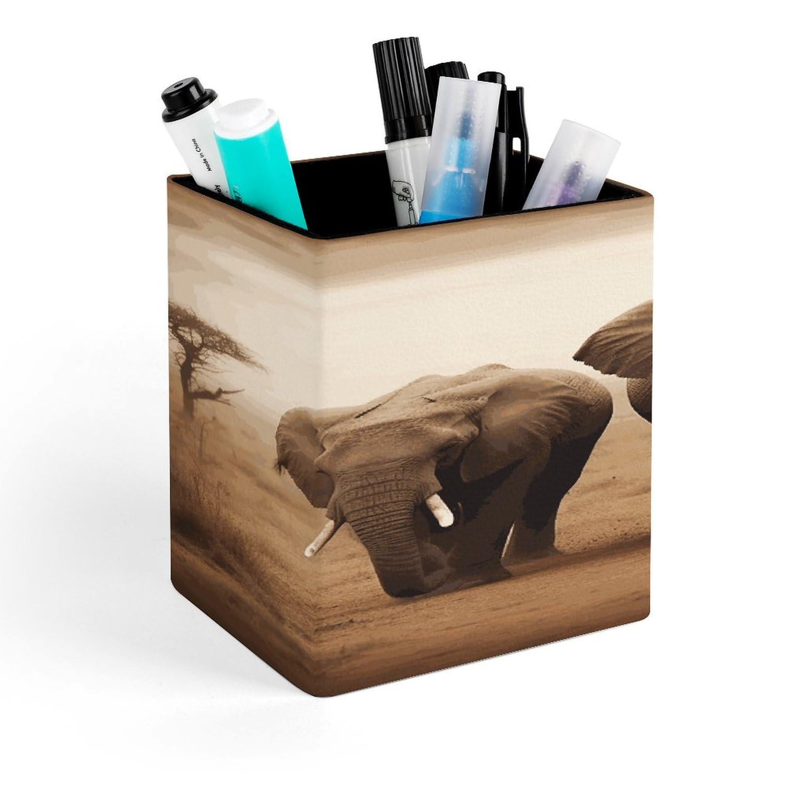FekiLoot - Wild Animals Pen Holder with Elephants Personalized Office Accessories Square Pen Container Box Desk Organizer Stand