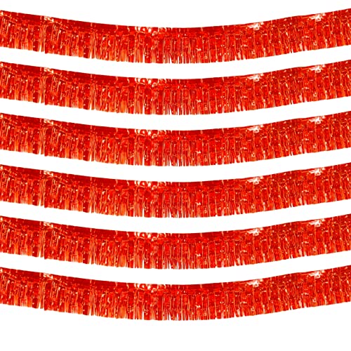 Image of 6 Pack 10 Feet Red Foil Fringe Garland Metallic Tinsel Streamers Banner Wall Hanging Curtain Backdrop Banner for Parade Floats, Thanksgiving, Christmas, Birthday, Halloween Party Decorations