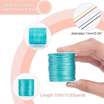 PH PandaHall 12 Rolls 1mm Waxed Polyester Cord Thread 10.9 Yards/Roll 12 Colors Beading String for Bracelets Necklaces Waist Beads Jewelry Making Macrame Supplies