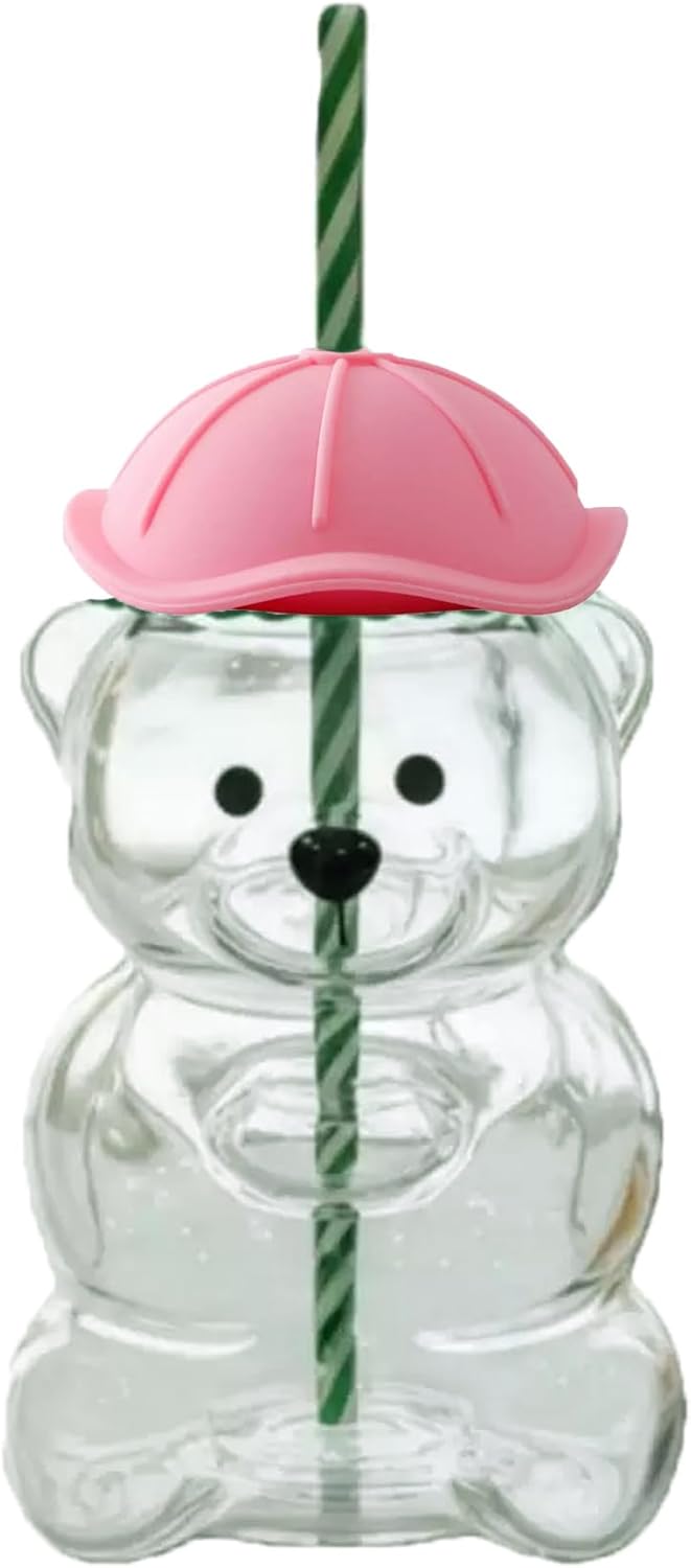 New 20 ozCute Bear Sucker Cup with Lid Straw Glass, Glass Bear Cup, Bear Straw Cup, Coffee, Beer, Red Wine, Cocktail Beverages Glass Utensils, Friend Gift (pink-A)