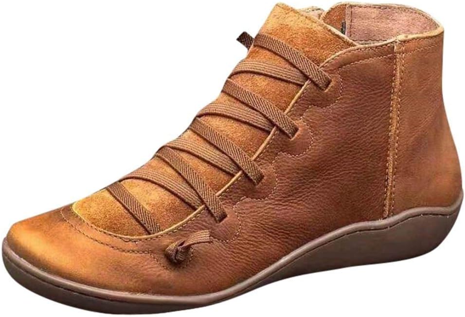 Womens Casual Shoes Casual Flat Leather Retro Lace-up Boots Side Zipper Round Toe Shoe Boots
