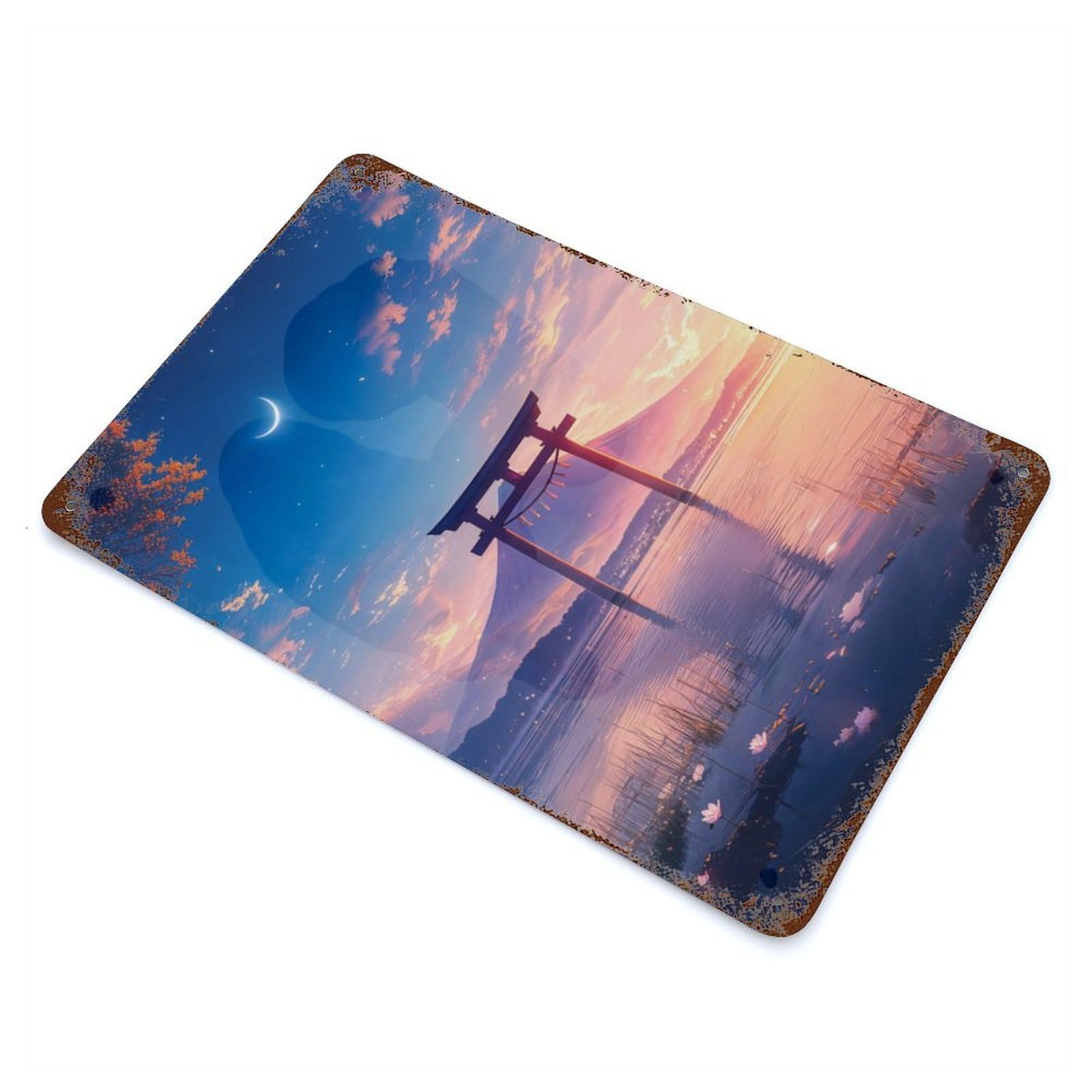 Mount Fuji Torii Gate Vintage Wall Sign 11.8"x7.9", Rust Effect Metal Decor for Farmhouse, Kitchen And Entryway Decor