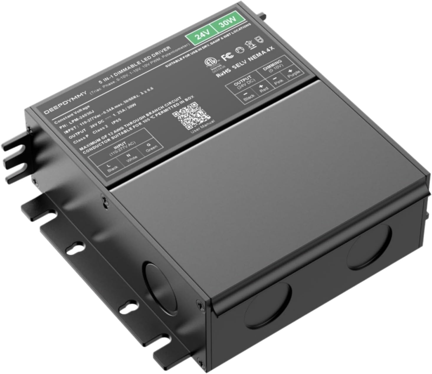 - 30W 24V Dimmable LED Driver – 5-in-1 Triac/ELV/MLV/0-10V/PWM, Smooth Flicker-Free Dimming, 100-277VAC to DC Transformer, Compatible with Lutron/Leviton, ETL Listed
