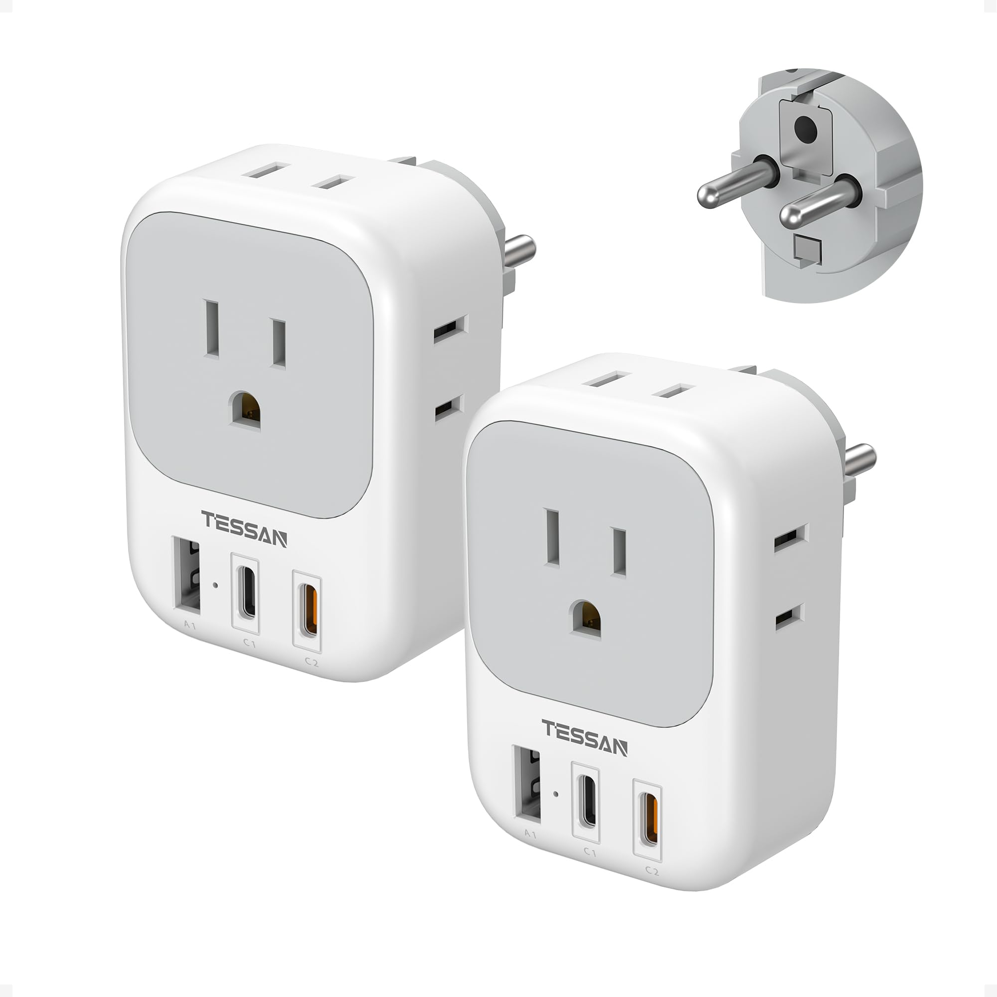 TESSAN Type E F Travel Plug Adapter PD 20W, 7 in 1 Germany France Power Adaptor with 4 Outlets 3 USB (2 USB-C), South Korea Outlet Adapters for US to Europe EU Spain Iceland Greece Portugal, 2 Pack