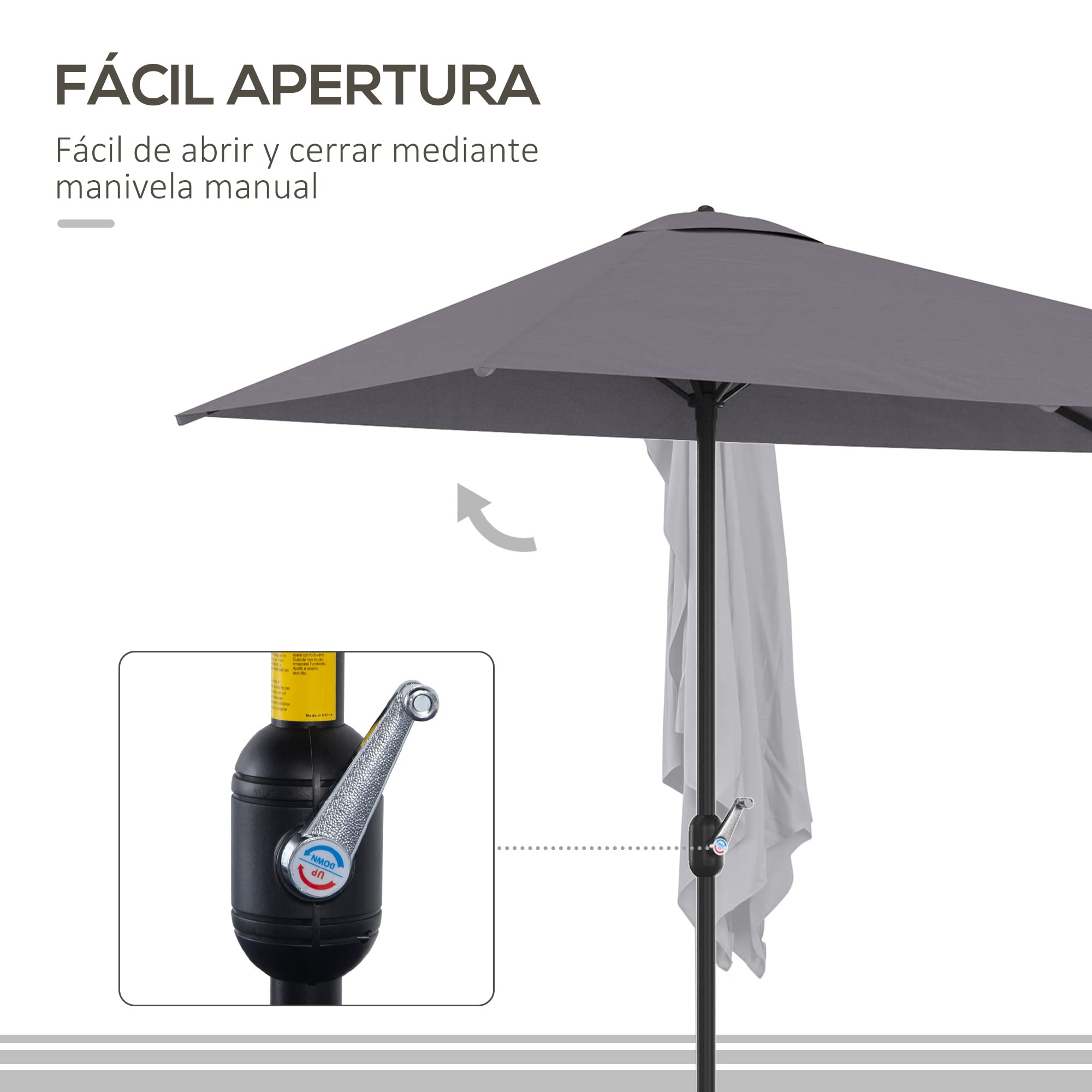 Outsunny Sombrilla Rectangular 230x130x245 cm Parasol para Pared con Manivela Protección UV 30+ Impermeable Sombrilla para Balcón Terraza Jardín Gris