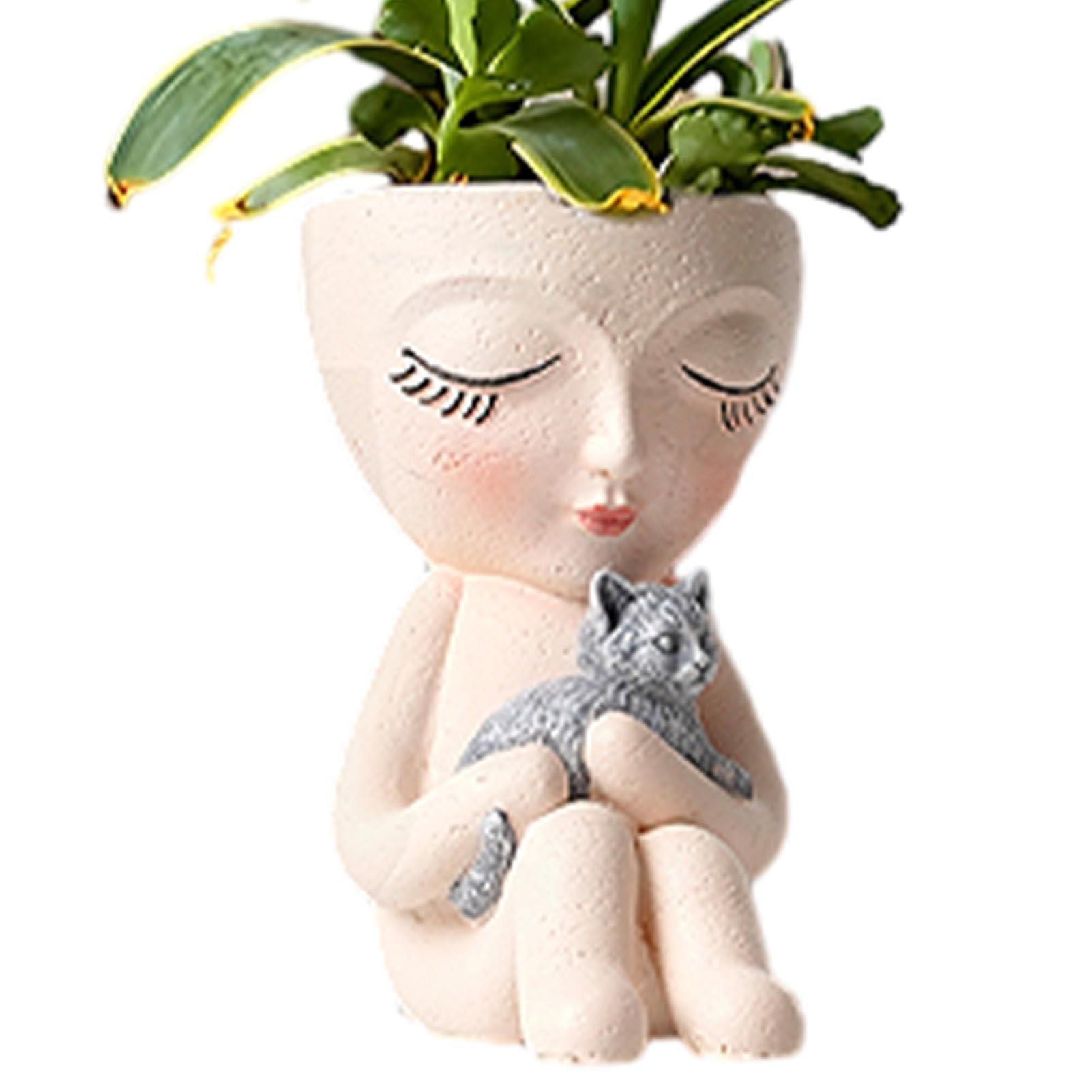 Duqulle Face Pots Girl Head Planter Cute Faces Plant Pot Art Resin Head Planter With Drainage Hole Sitting Girl Hugs Dog Or Cat Vase For Indoor Outdoor Plants
