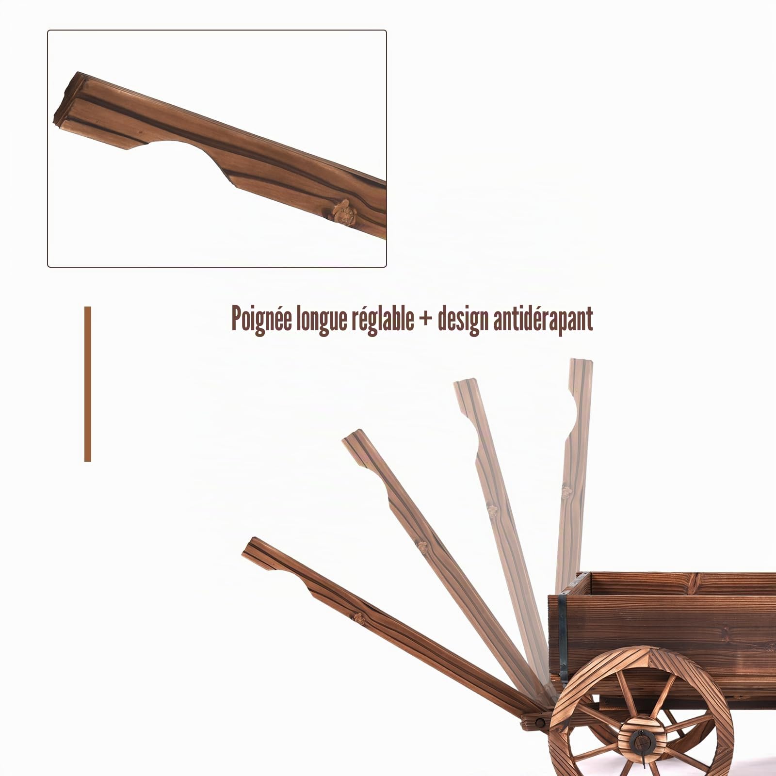 HOMASIS Brouette à Fleur en Bois avec Poignée Réglable et 4 Roues, Chariot à Fleurs avec Trous de Drainage, Jardinière Décorative de Plantes pour Jardin, Balcon, Terrasse, 75x43x53,5cm, Marron