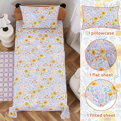 Image of Viviland 3 Pieces Girls Floral Spring Twin Sheet Set - Soft Microfiber Fitted Flat Sheets & Pillowcase Bed Sheet Set - Summer Sunflower Print Bedding Sets for Kids