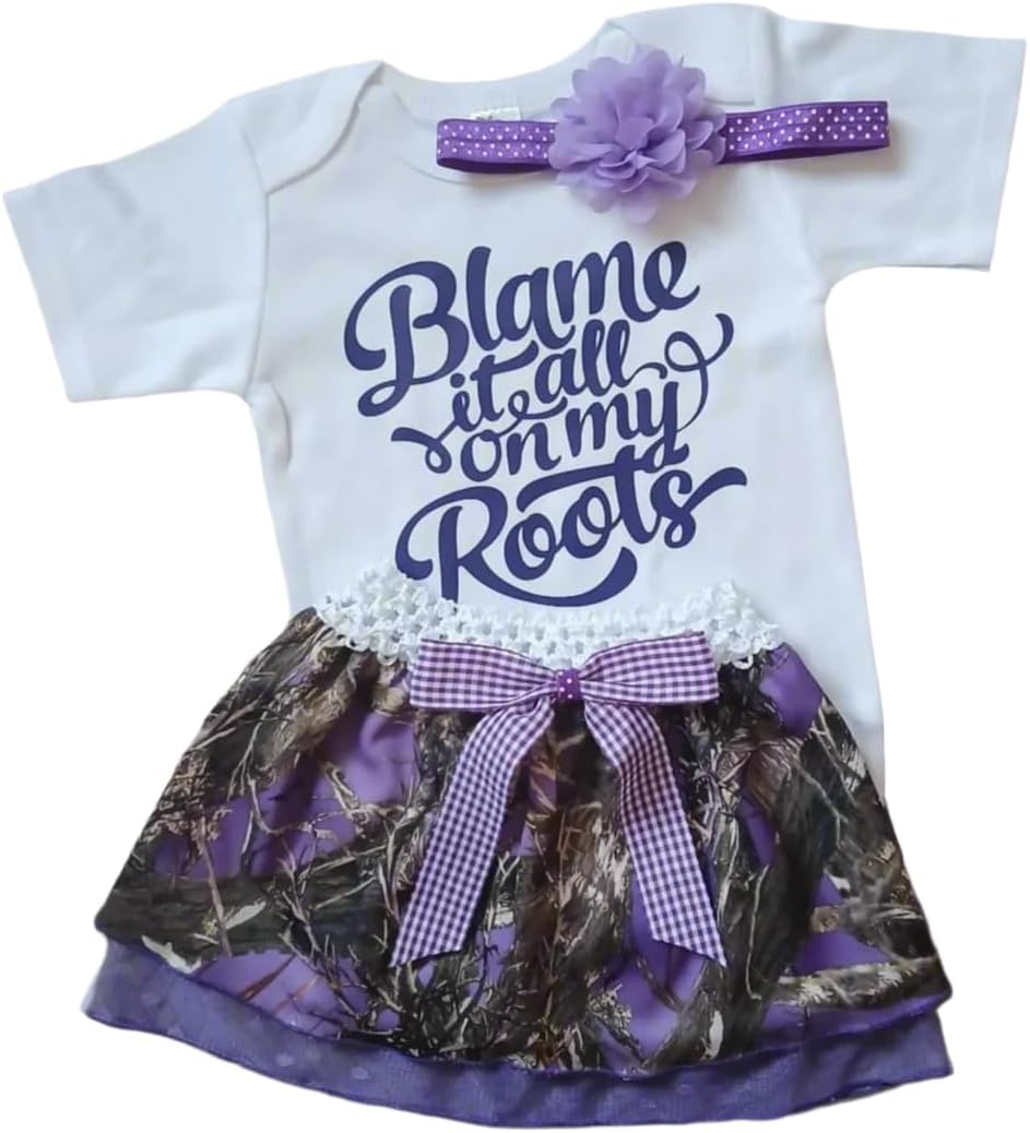 Baby Girl Outfit, Blame It All On My Roots Bodysuit with Purple Camo Skirt and Headband,