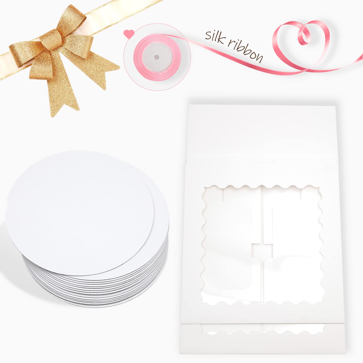 Bakepacker 36 cajas de panadería blancas de 6 x 6 x 5 pulgadas con ventana, 18 cajas de panadería de 6 pulgadas (18 cajas para tartas + 18 tablas para tartas + cinta de seda de 10 metros incluida