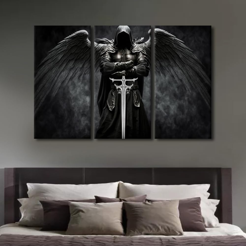 TUMOVO Living Room Wall Decor Dark Warrior Angel Paintings Canvas Wall Art Fantasy Wall Art Canvas Frame Art Prints Artwork for Home Walls Modern Decor Canvas Art Posters and Prints, 60x40 Inch Artwork-04 40"x20"x3 Panels