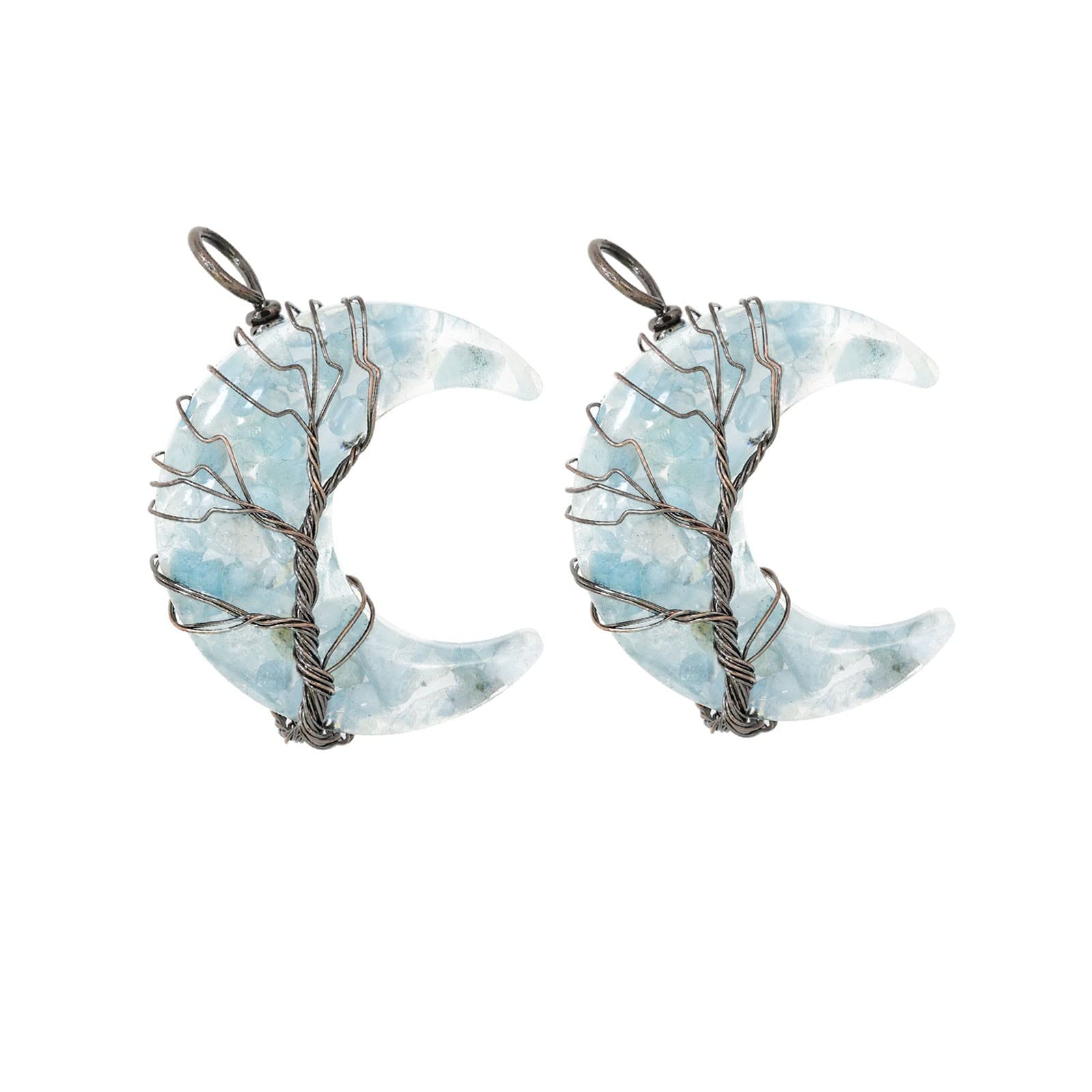 SUNYIK 2pcs Orgone Crescent Moon Crystal Stone Pendant Necklace for Women Men, Handmade Wire Wrapped Moon Necklace with Chain 18-19"