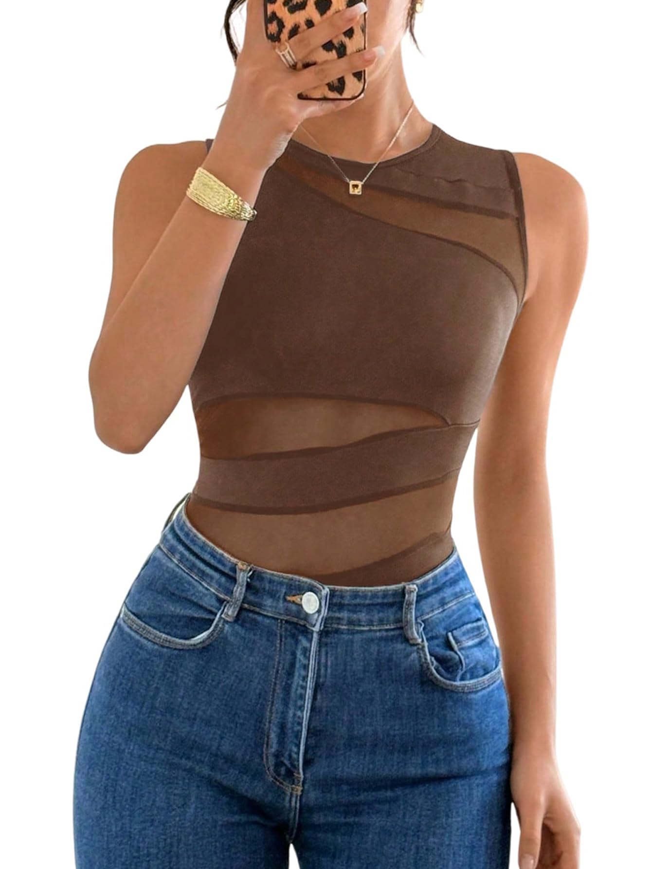 GORGLITTER Body sans manches pour femme - Transparent - Col rond - Body d'été en maille - Élégant débardeur
