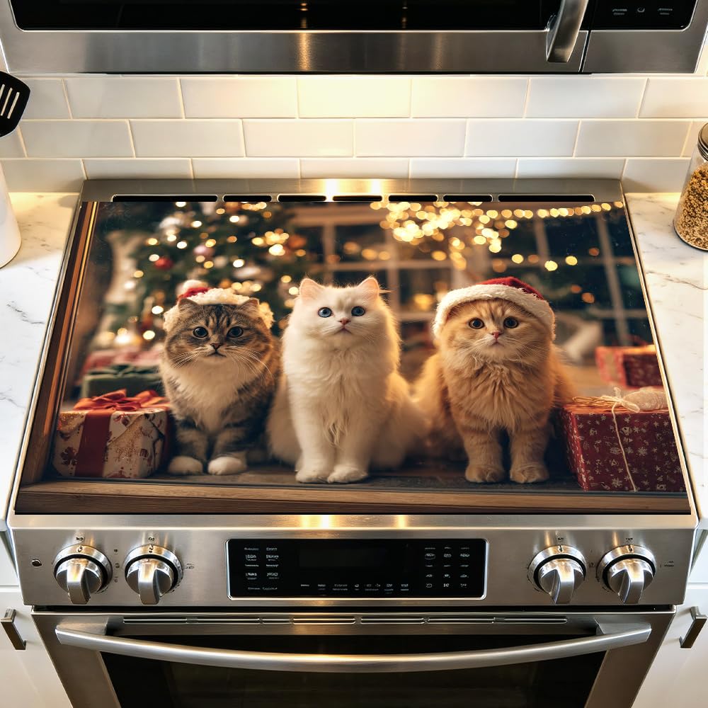 Christmas Cat Stove Top Cover, Electric Glass Cooktop, 28x20 in