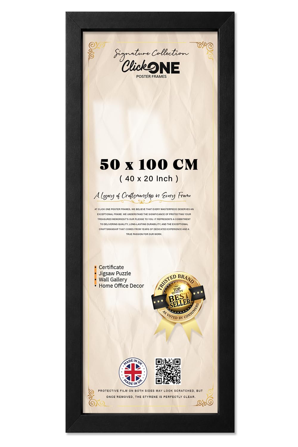 Click One Matt Black Picture Frame 50 X 100 cm 40 X 20 Inch For Paintings And Photographs Versatile Wall And Table Mounting Options Suitable For Living Room Office And Art Gallery Display